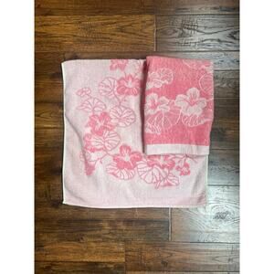 Vintage Terry Cloth Hand Towel Set Vining Morning Glory Flowers Baby Pink Cotton